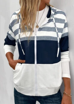 Navy Pocket Striped Long Sleeve Hooded Coat -Modlily Shop 342484 P 16953782141743