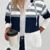 Navy Pocket Striped Long Sleeve Hooded Coat