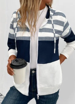 Navy Pocket Striped Long Sleeve Hooded Coat