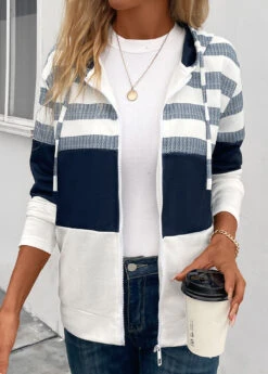 Navy Pocket Striped Long Sleeve Hooded Coat -Modlily Shop 342484 P 16953782145124