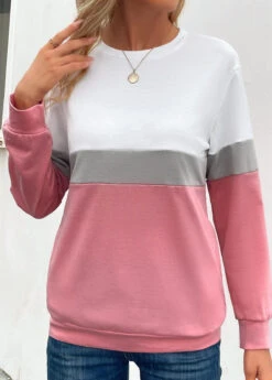 Pink Patchwork Long Sleeve Round Neck Sweatshirt