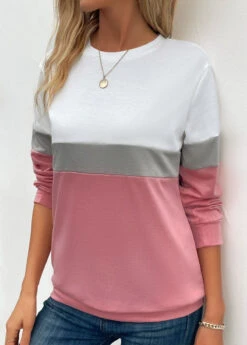 Pink Patchwork Long Sleeve Round Neck Sweatshirt -Modlily Shop 342487 P 16952991593673