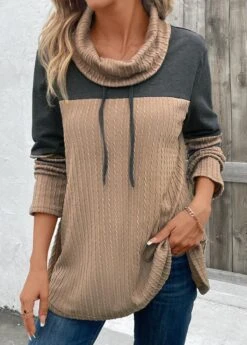 Light Camel Patchwork Long Sleeve Cowl Neck Sweatshirt -Modlily Shop 342492 P 16969385531134