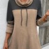 Light Camel Patchwork Long Sleeve Cowl Neck Sweatshirt -Modlily Shop 342492 P 16969385531193