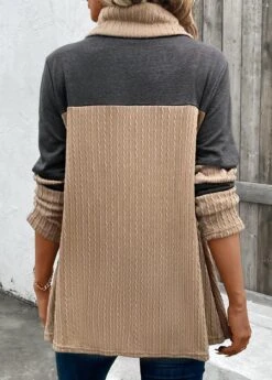 Light Camel Patchwork Long Sleeve Cowl Neck Sweatshirt -Modlily Shop 342492 P 16969385533371