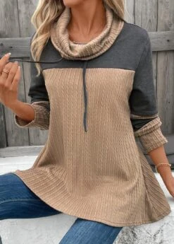 Light Camel Patchwork Long Sleeve Cowl Neck Sweatshirt -Modlily Shop 342492 P 16969385533775
