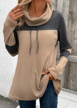 Light Camel Patchwork Long Sleeve Cowl Neck Sweatshirt -Modlily Shop 342492 P 16969385534220