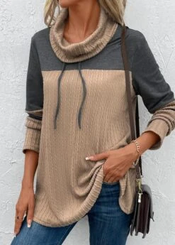 Light Camel Patchwork Long Sleeve Cowl Neck Sweatshirt -Modlily Shop 342492 P 16969385536302