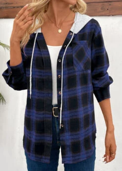 Blue Patchwork Plaid Long Sleeve Hooded Coat