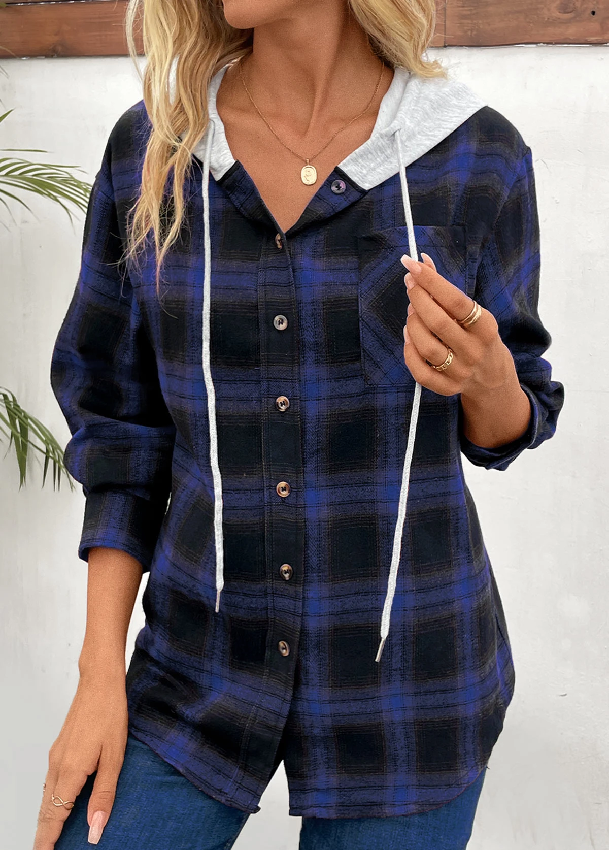 Blue Patchwork Plaid Long Sleeve Hooded Coat 6 Blue Patchwork Plaid Long Sleeve Hooded Coat - Image 4