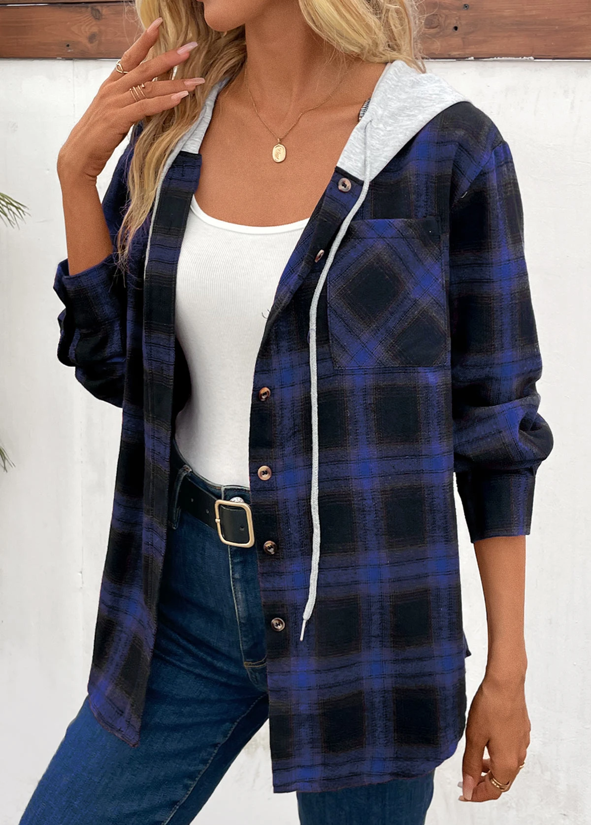 Blue Patchwork Plaid Long Sleeve Hooded Coat 8 Blue Patchwork Plaid Long Sleeve Hooded Coat - Image 6