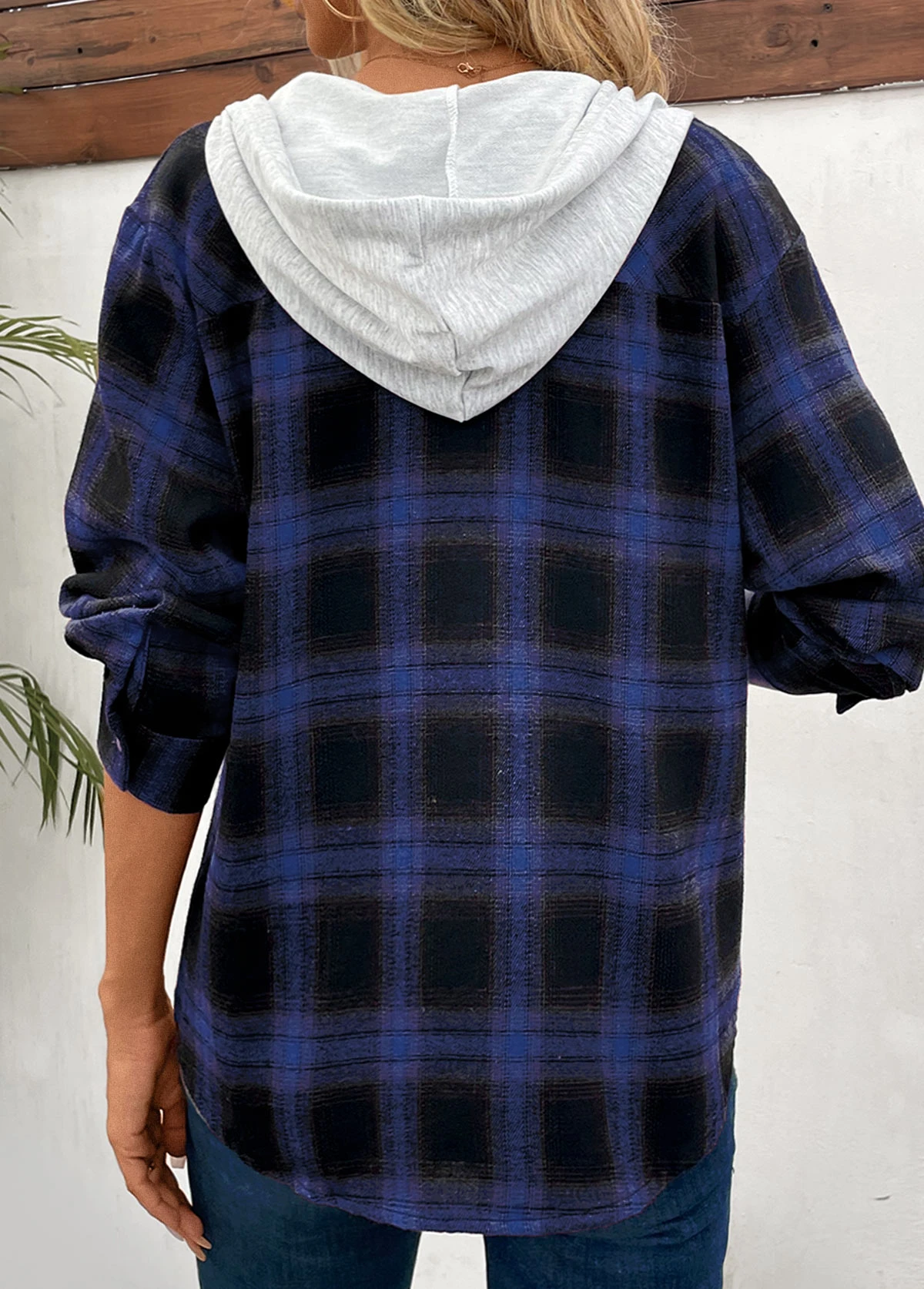 Blue Patchwork Plaid Long Sleeve Hooded Coat 4 Blue Patchwork Plaid Long Sleeve Hooded Coat - Image 2