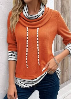 Orange Patchwork Striped Long Sleeve Cowl Neck Sweatshirt 20 Orange Patchwork Striped Long Sleeve Cowl Neck Sweatshirt -Modlily Shop 342568 P 16967445881433