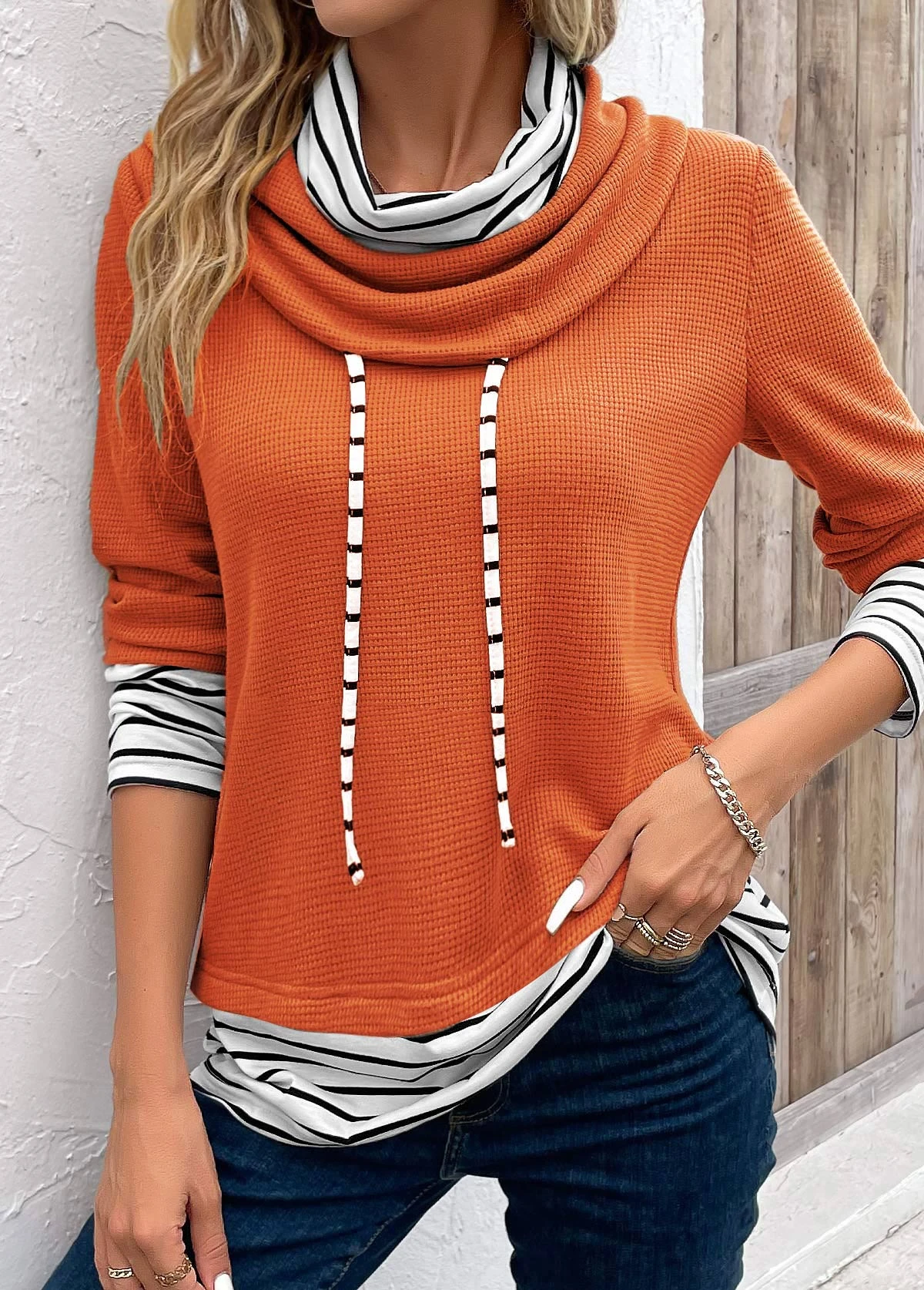 Orange Patchwork Striped Long Sleeve Cowl Neck Sweatshirt 12 Orange Patchwork Striped Long Sleeve Cowl Neck Sweatshirt - Image 10