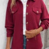 Wine Red Pocket Long Sleeve Turn Down Collar Coat