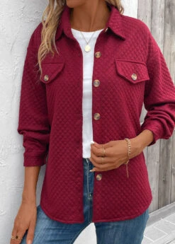 Wine Red Pocket Long Sleeve Turn Down Collar Coat