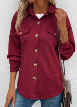 Wine Red Pocket Long Sleeve Turn Down Collar Coat -Modlily Shop 342600 P 16958971132964