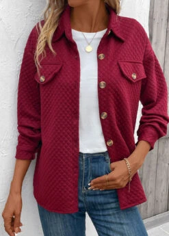 Wine Red Pocket Long Sleeve Turn Down Collar Coat -Modlily Shop 342600 P 16958971138583