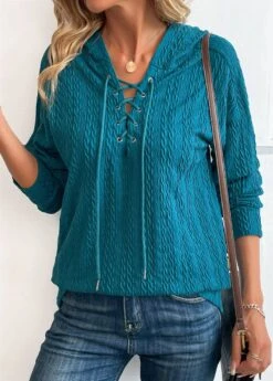 Turquoise Lace Up Long Sleeve Hoodie