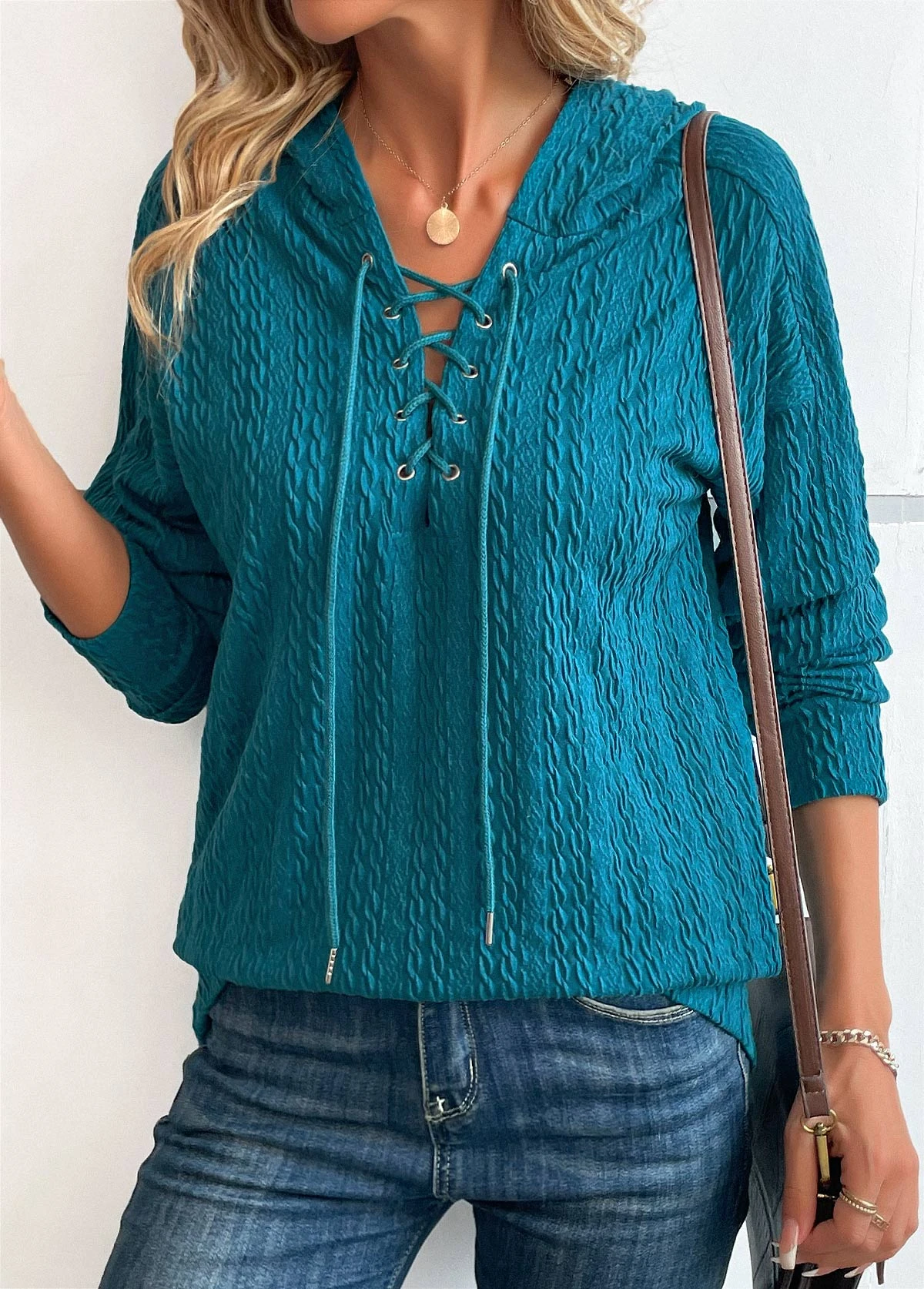 Turquoise Lace Up Long Sleeve Hoodie 3 Turquoise Lace Up Long Sleeve Hoodie