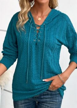 Turquoise Lace Up Long Sleeve Hoodie 11 Turquoise Lace Up Long Sleeve Hoodie -Modlily Shop 342612 P 16966734082353