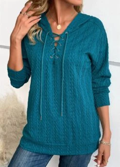 Turquoise Lace Up Long Sleeve Hoodie 10 Turquoise Lace Up Long Sleeve Hoodie -Modlily Shop 342612 P 16966734083262