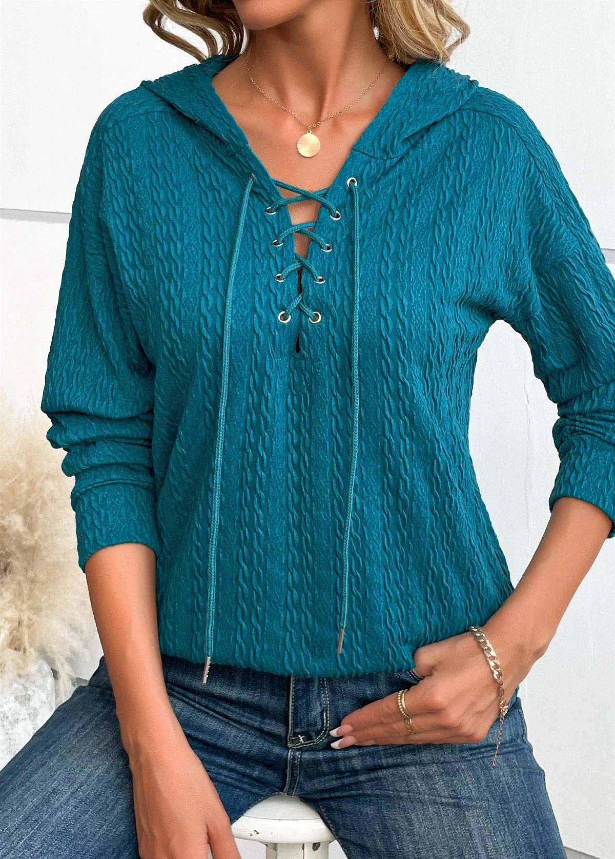 Turquoise Lace Up Long Sleeve Hoodie 8 Turquoise Lace Up Long Sleeve Hoodie - Image 6