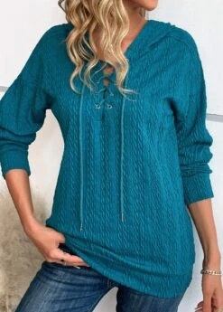 Turquoise Lace Up Long Sleeve Hoodie 12 Turquoise Lace Up Long Sleeve Hoodie -Modlily Shop 342612 P 16966734088674