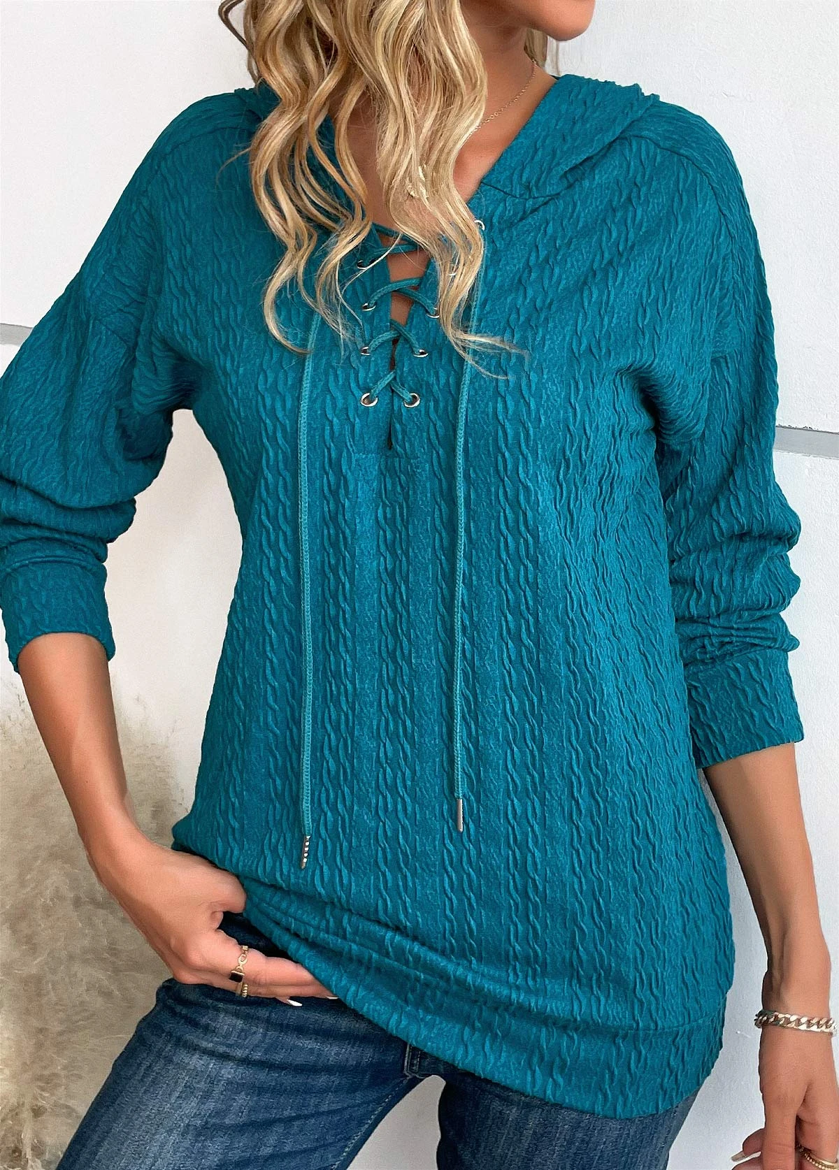 Turquoise Lace Up Long Sleeve Hoodie 7 Turquoise Lace Up Long Sleeve Hoodie - Image 5