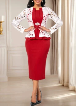 Wine Red Patchwork Long Sleeve Square Neck Dress -Modlily Shop 342624 P 16984070184073