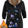 Black Pocket Butterfly Print Long Sleeve Hooded Coat