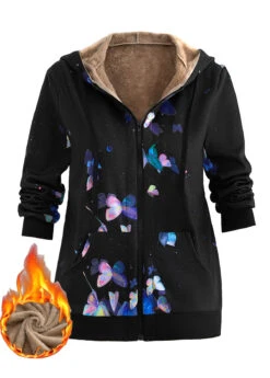 Black Pocket Butterfly Print Long Sleeve Hooded Coat