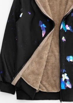 Black Pocket Butterfly Print Long Sleeve Hooded Coat -Modlily Shop 342636 P 16969365456583