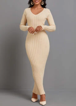 Light Camel Tie Long Sleeve Maxi Dress -Modlily Shop 342638 P 16957215022784