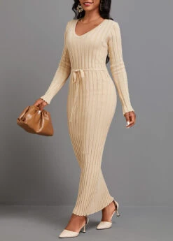 Light Camel Tie Long Sleeve Maxi Dress -Modlily Shop 342638 P 16957215027762