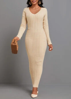 Light Camel Tie Long Sleeve Maxi Dress -Modlily Shop 342638 P 16957215029563