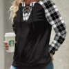 Black Lace Up Plaid Long Sleeve Round Neck Sweatshirt -Modlily Shop 342681 P 1695274009727