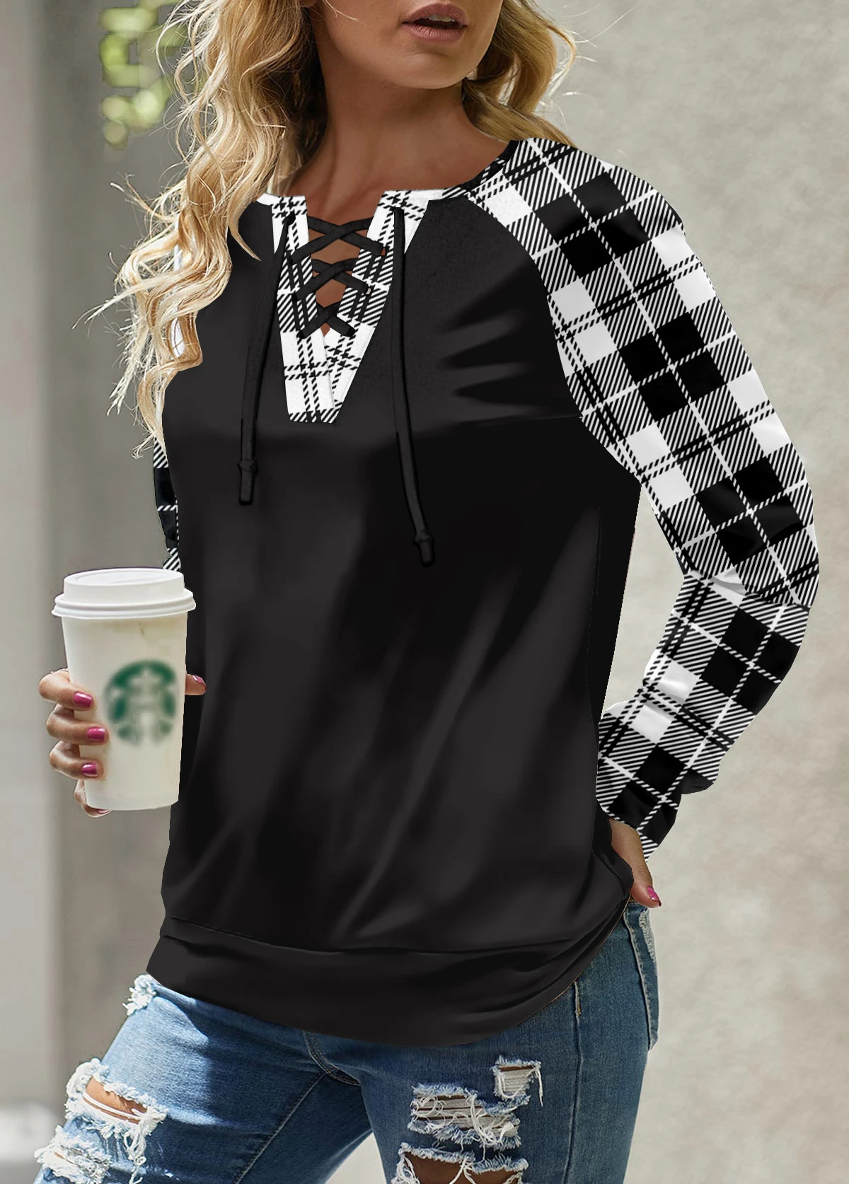 Black Lace Up Plaid Long Sleeve Round Neck Sweatshirt 3 Black Lace Up Plaid Long Sleeve Round Neck Sweatshirt