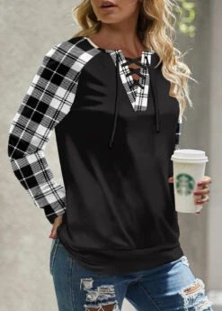 Black Lace Up Plaid Long Sleeve Round Neck Sweatshirt 7 Black Lace Up Plaid Long Sleeve Round Neck Sweatshirt -Modlily Shop 342681 P 1695274010350