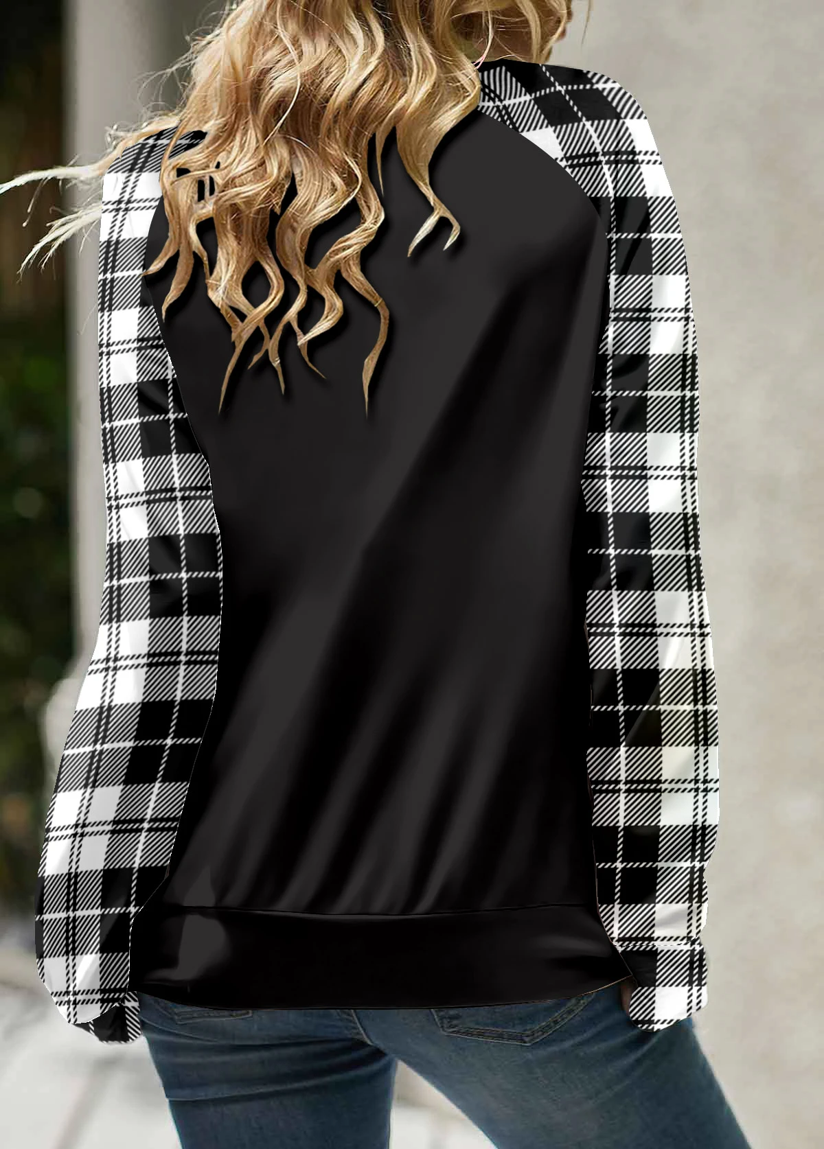 Black Lace Up Plaid Long Sleeve Round Neck Sweatshirt 4 Black Lace Up Plaid Long Sleeve Round Neck Sweatshirt - Image 2