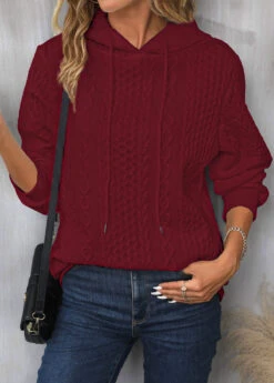 Wine Red Drawstring Long Sleeve Hoodie -Modlily Shop 342692 P 16954674472893