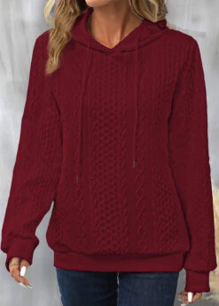 Wine Red Drawstring Long Sleeve Hoodie -Modlily Shop 342692 P 16954674477062