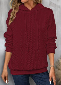 Wine Red Drawstring Long Sleeve Hoodie