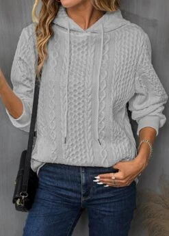 Light Grey Drawstring Long Sleeve Hoodie 9 Light Grey Drawstring Long Sleeve Hoodie -Modlily Shop 342694 P 16950299987963