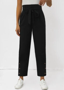 Black Button Belted Zipper Fly High Waisted Pants