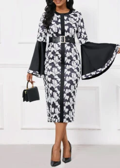 Black Patchwork Floral Print Long Sleeve Bodycon Dress -Modlily Shop 342882 P 16984069733264