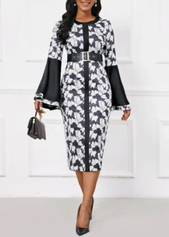 Black Patchwork Floral Print Long Sleeve Bodycon Dress -Modlily Shop 342882 P 16984069737583