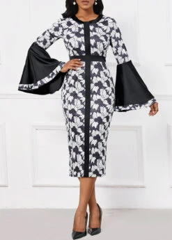 Black Patchwork Floral Print Long Sleeve Bodycon Dress