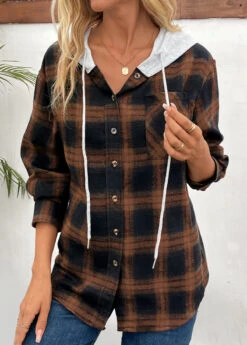 Dark Camel Patchwork Plaid Long Sleeve Hooded Coat -Modlily Shop 342925 P 16950366565373