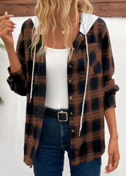 Dark Camel Patchwork Plaid Long Sleeve Hooded Coat -Modlily Shop 342925 P 16950366567864